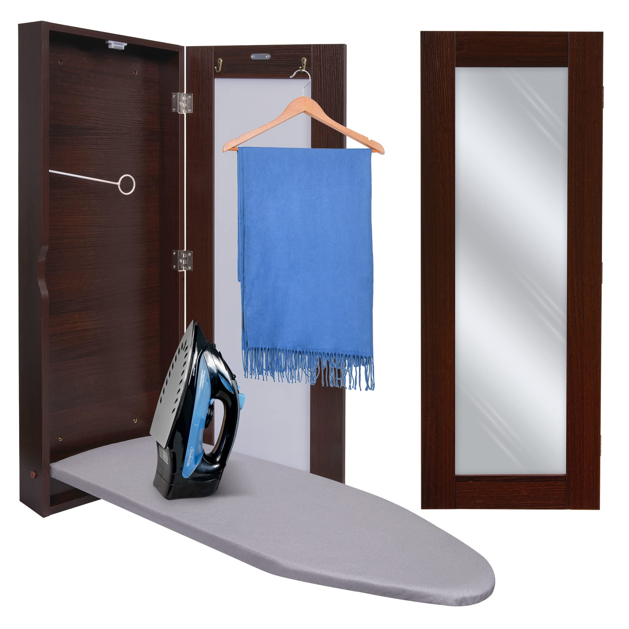 Ivation Wall-Mounted Ironing Board Cabinet, Foldable Ironing Storage Station for Home, Apartment & Small Spaces, Easy-Release Lever, with Miror Door, Walnut Color