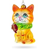 Orange Tabby Cat with Scarf Glass Christmas Ornament