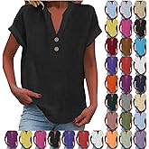 Womens Summer Tops Casual Linen Cotton Tunic Blouse Short Sleeve Button V Neck Shirts Loose Fit Beach Vacation Tees