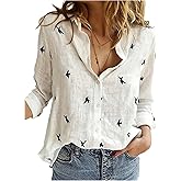 GORGLITTER Women's Linen Button Down Shirt Boho Tops Sheer Graphic Long Sleeve Holiday Blouses Dressy Casual Gauze Tops