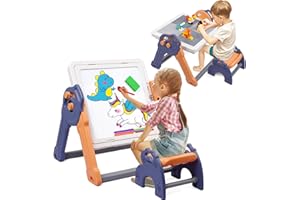 PERBYSTE Easel for Kids, Foldable Toddler Easel with Building Block Table, Kids Standing Art Easel with Painting Accessories, Dry Erase Board Magnetic Whiteboard for Kids Toddlers Boys Girls