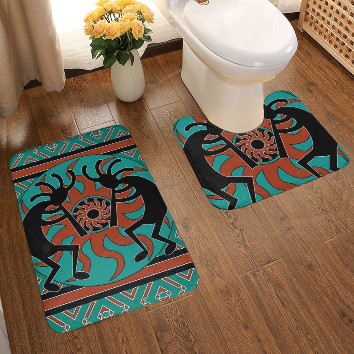 WU4FAAR Native American Indian Southwest Bathroom Contour Rugs Combo, Non Slip Bath Shower Mat And U-Shaped Toilet Floor Rug