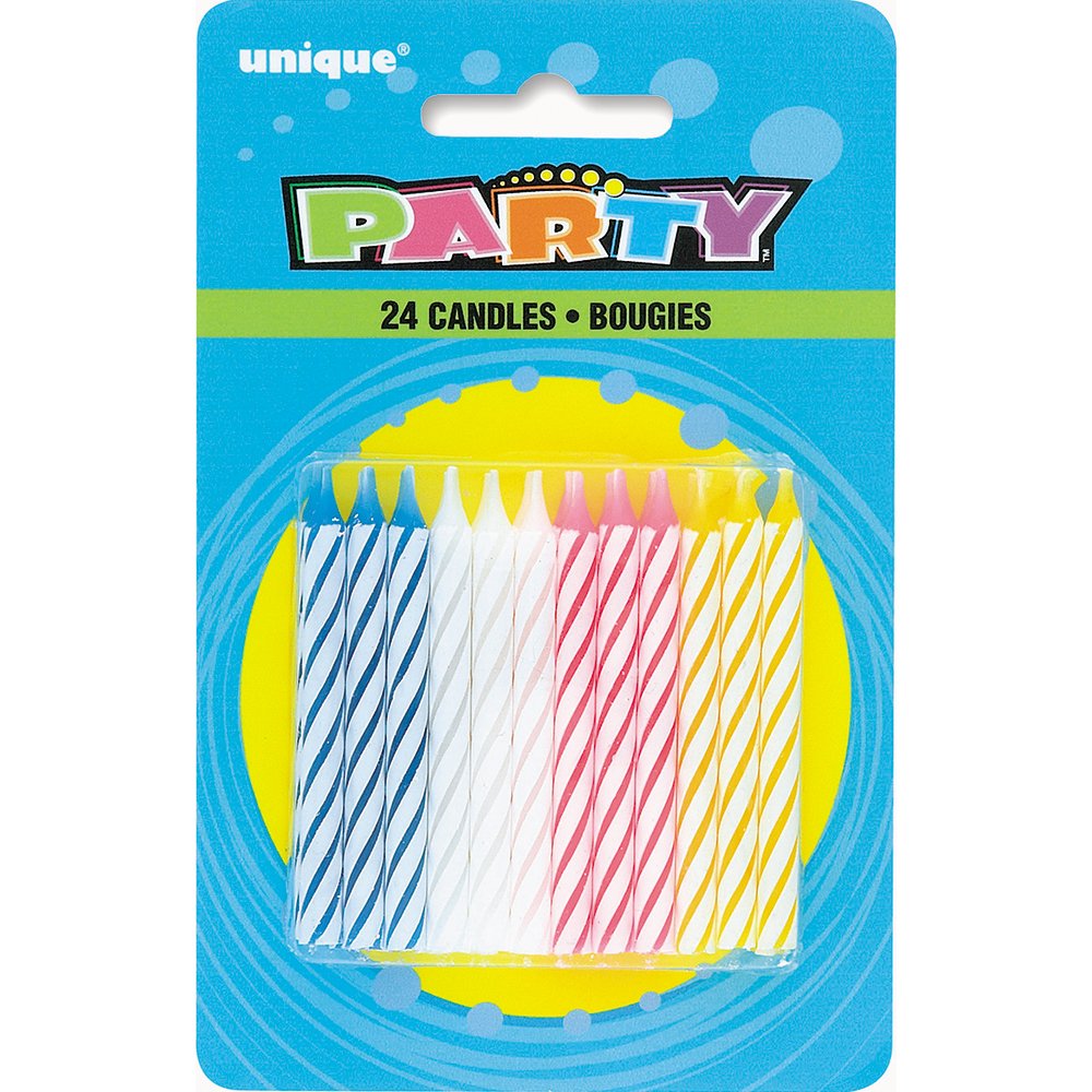 Unique Party 1905MC - Four Assorted Colour Striped Birthday Candles, Pack of 24