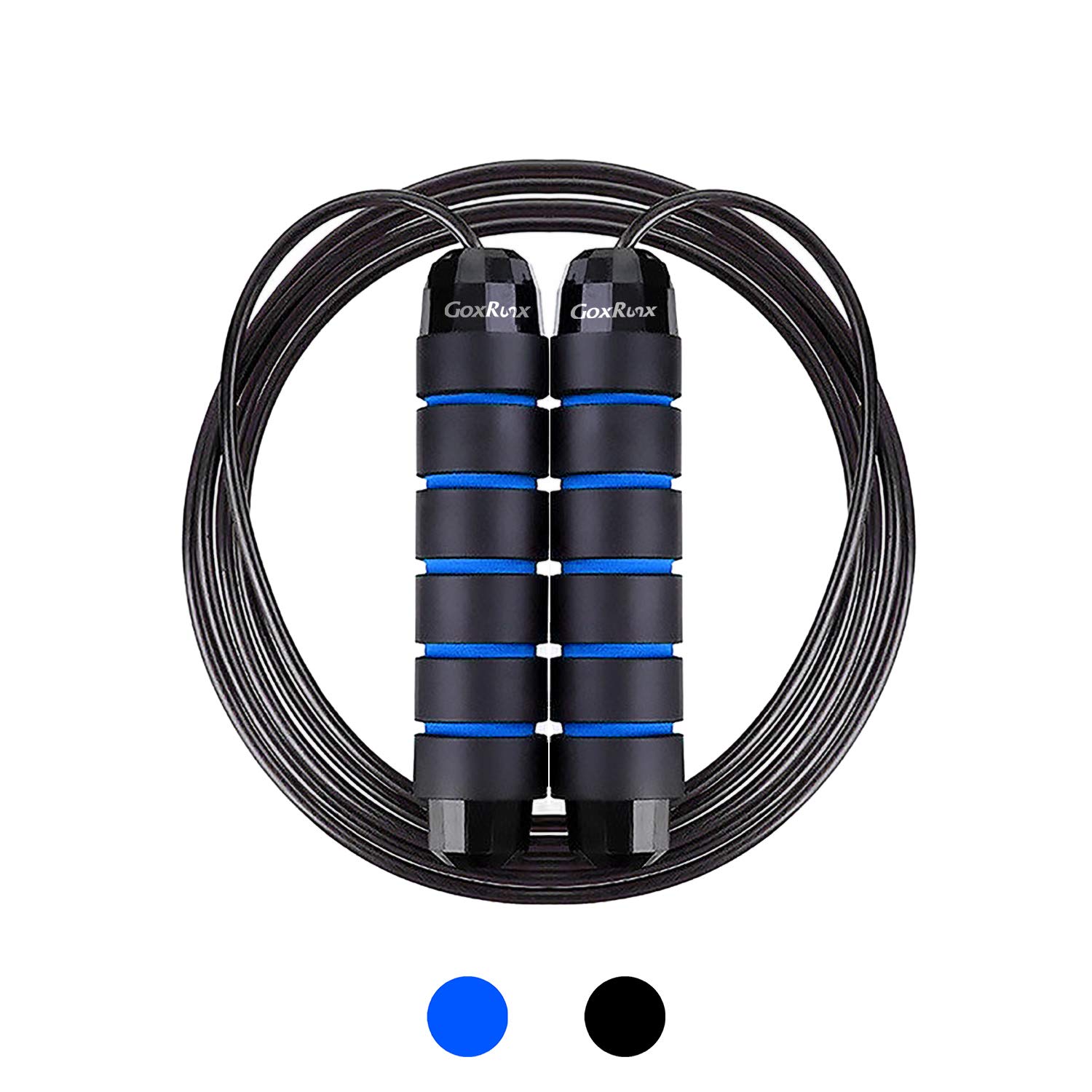 GoxRunx Jump Rope Skipping Rope Tangle-Free with Memory Foam Handle for Women, Men and Kids, Adjustable Jumping Ropes Perfect for Training, Workout, Fitness and Gym (Black) (Blue)