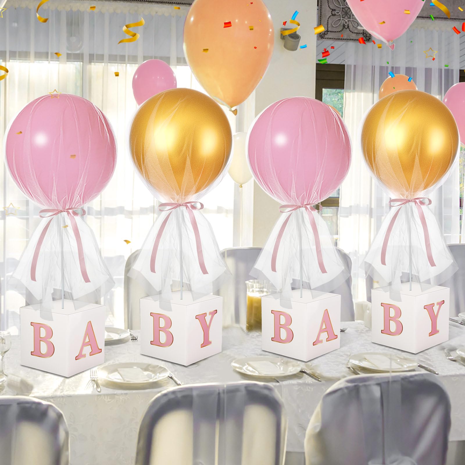 Photo 1 of 6 Set 24'' Pink Gold Tulle Tutu Balloon with Letter Boxes Princess Baby Shower Table Centerpiece Decor for Gender Reveal Latex Balloon White Tulle Cover with Stand Box for Girl Wedding Birthday Party
