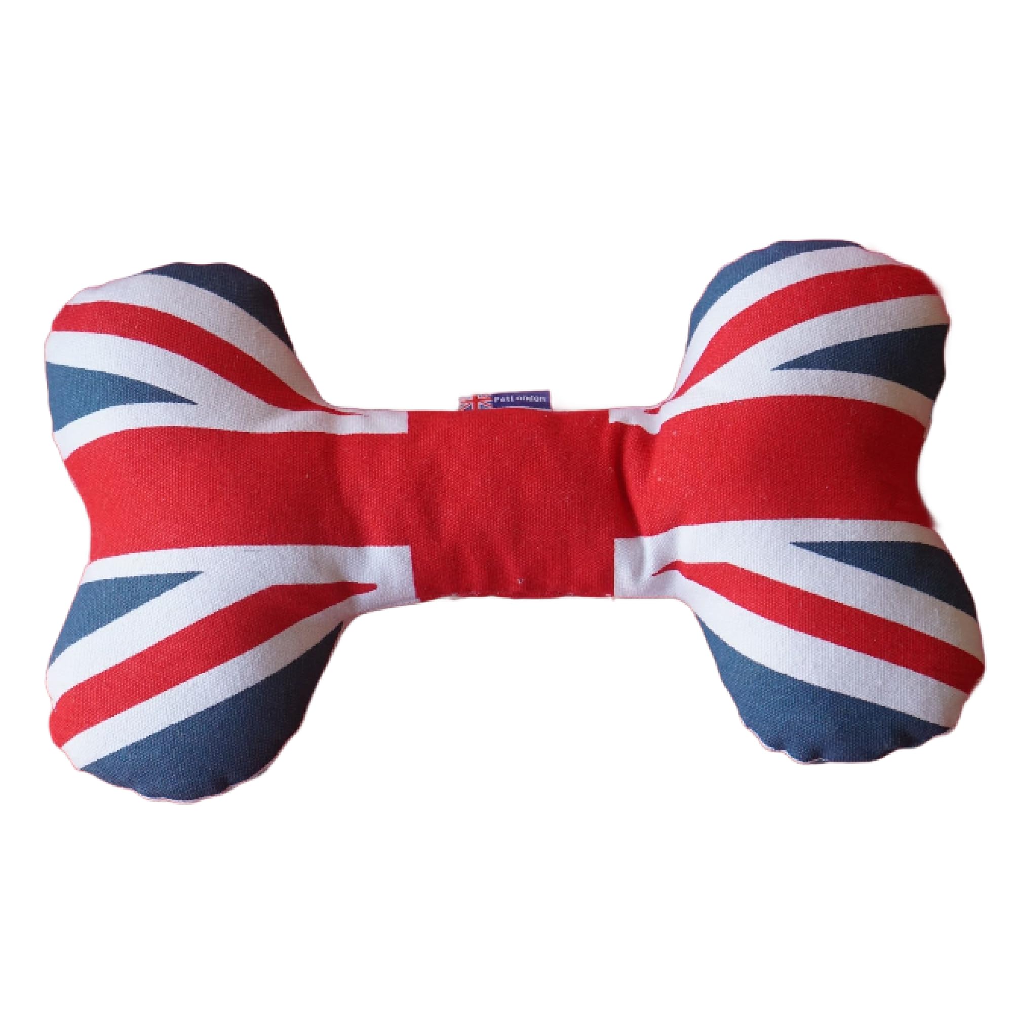 PetLondon British London 13" Union Jack Bone, Canvas Plush Dog And Puppy Toy, Canvas Bone With Squeaker, Cute Fun Royal Queen Union Jack Dog Interactive Toy