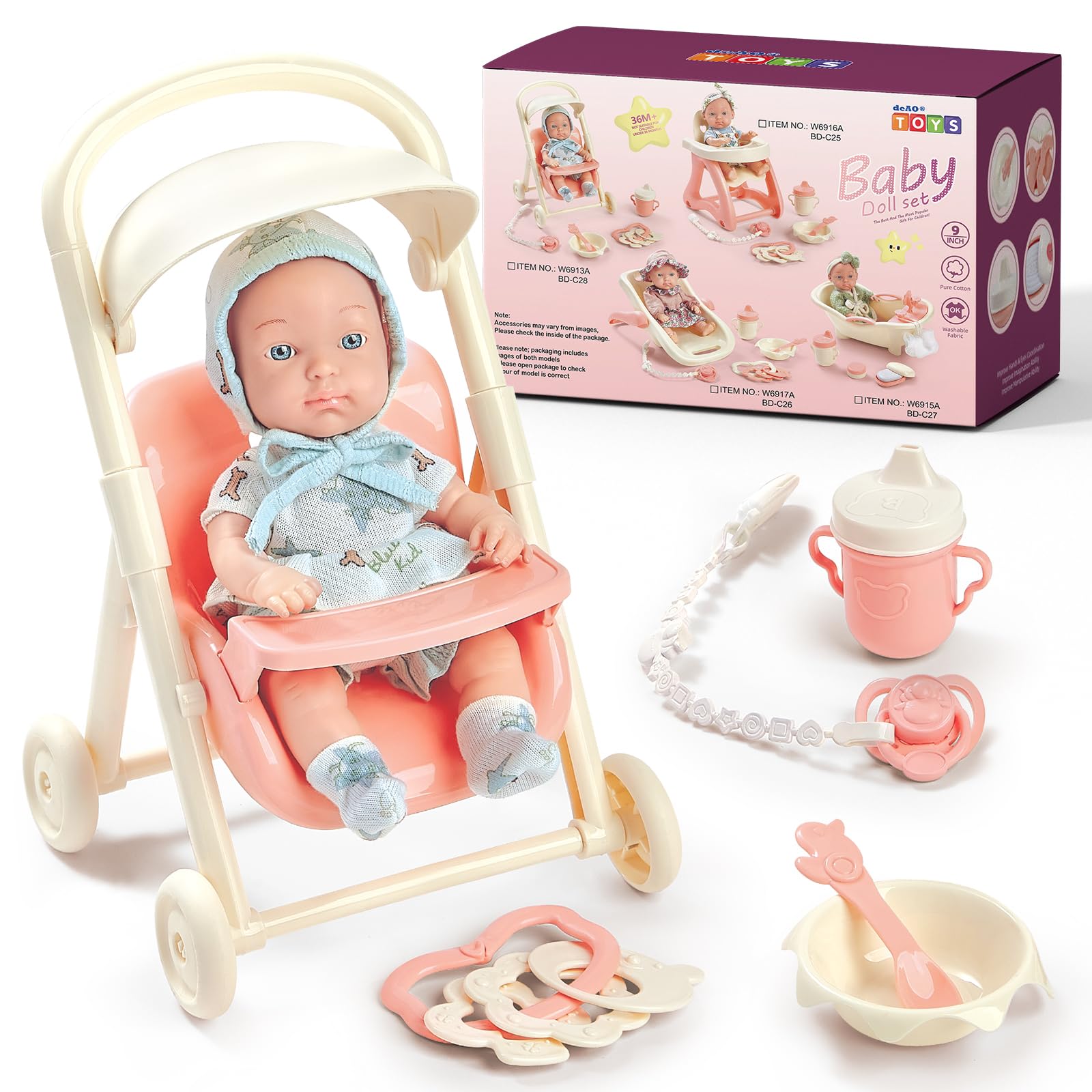 deAO My First Baby Doll Stroller, 9inch Plastic Baby Doll Set with Accessories,Include Baby Spoon, Dolls Pushchair, Dolls, Baby Bowls,Rattles, Bottles,Pacifiers, for 3 4 5 6 Year Old Girls Boys