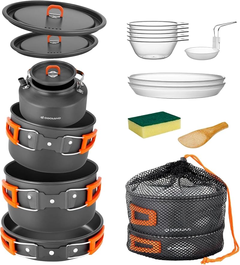 Odoland Camping Cookware Set Non-Stick Lightweight Mess Kit for 4-6