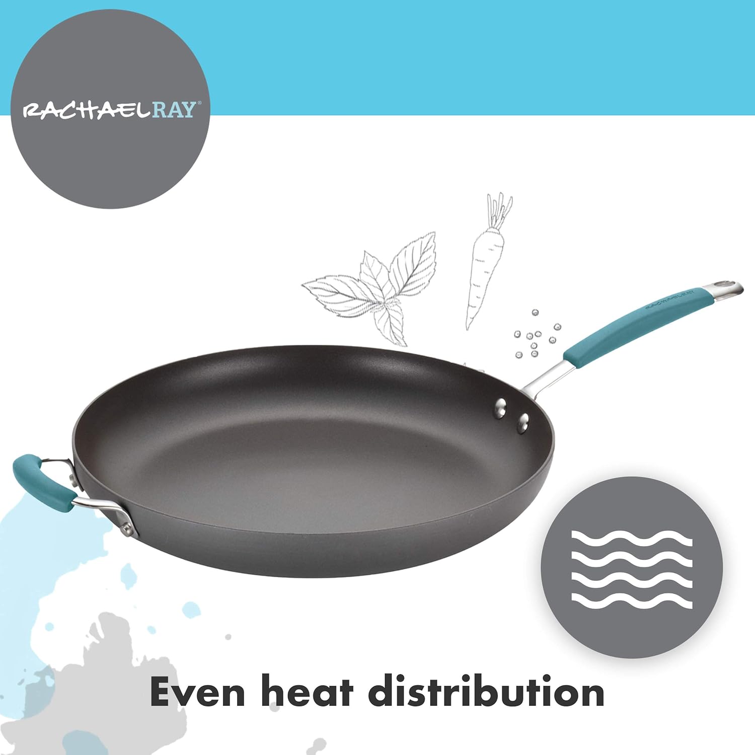 Rachael Ray 87642 Cucina Hard Anodized Nonstick Skillet with Helper Handle, 14 Inch Frying Pan, Gray/Agave Blue: Kitchen & Dining