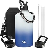 Konokyo Gallon Insulated Water Bottle with Straw,128 oz 3 Lids Water Jug with Carrying Bag,Paracord Handle, Double Wall Vacuum Stainless Steel Metal Flask,Sky