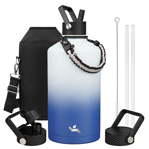Konokyo Gallon Insulated Water Bottle with Straw,128 oz 3 Lids Water Jug with Carrying Bag,Paracord Handle, Double Wall Vacuum Stainless Steel Metal Flask,Sky