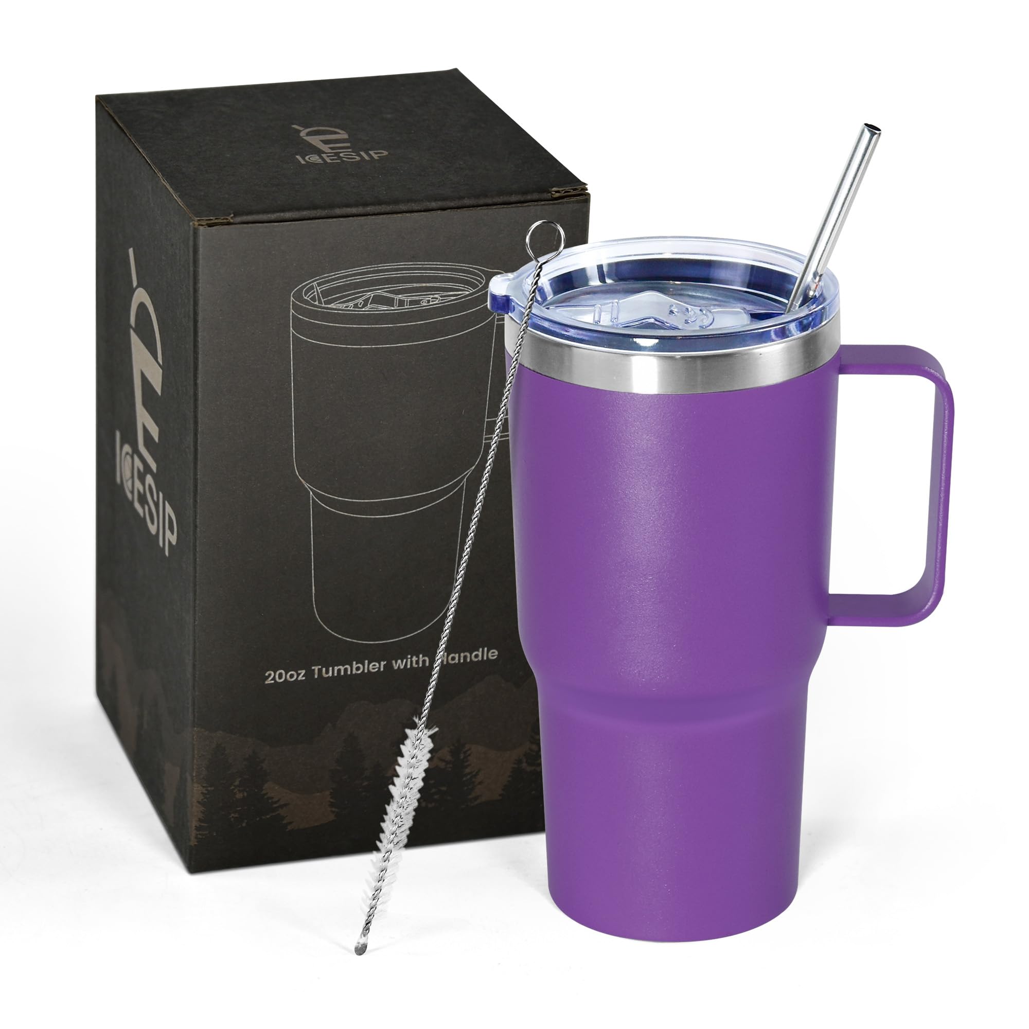 Photo 1 of Icesip 20 oz Tumbler with Handle, insulated cup coffee mug with lid, straw and handle, Double Wall Stainless Steel Vacuum Coffee Tumbler travel mug spill proof, 1pcs Purple