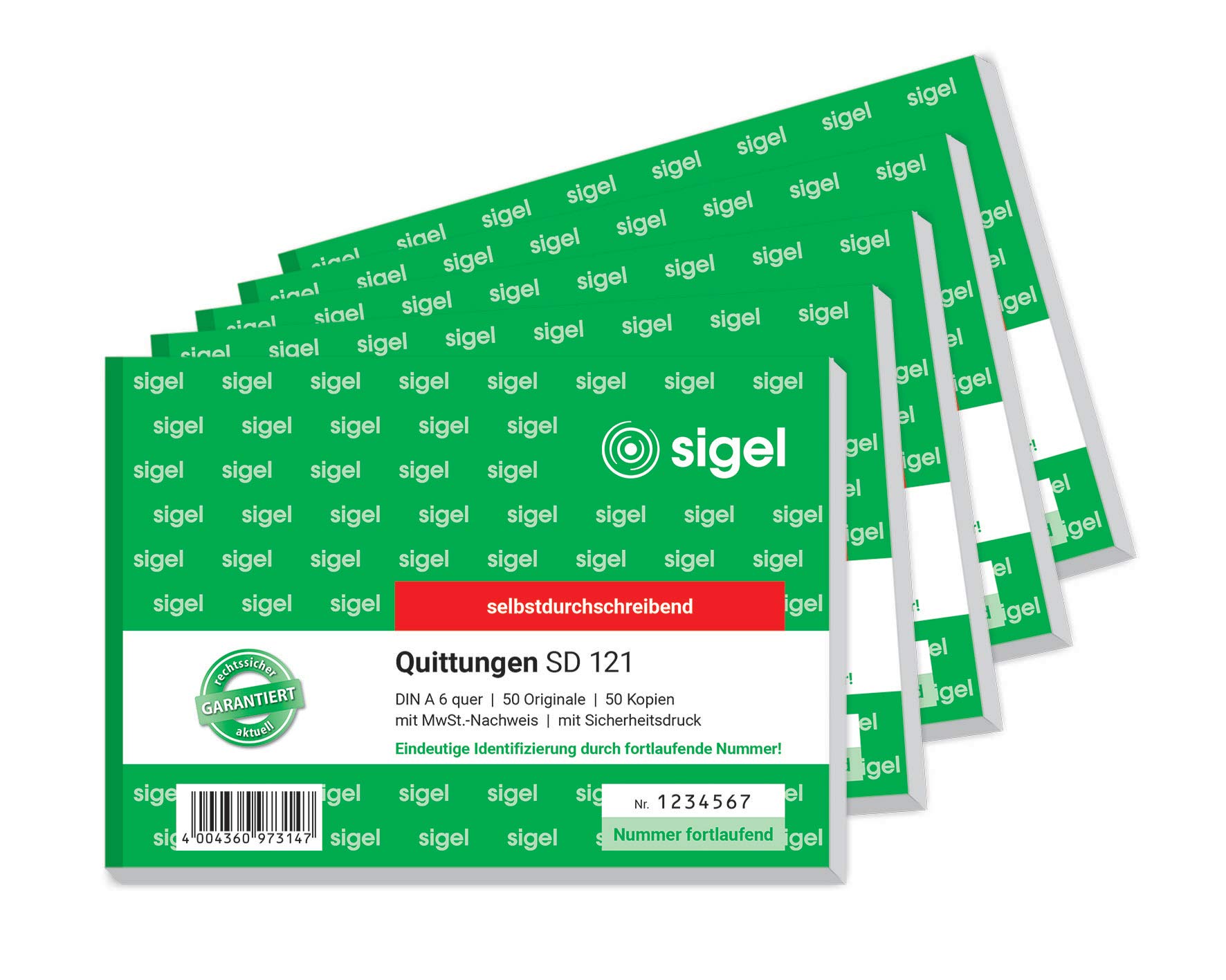 SIGEL SD121/5 Receipt Pad Consecutively Numbered, Unique 7 Digit Number, A6 Landscape, Pack of 5, 2 x 50 Sheets, Self-Copying, Made from Sustainable Paper