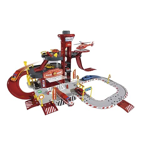 Majorette 212050019 Creatix Rescue Station plus 5 Fahrzeuge, Spielset mit großer Parkgarage und 5 Spielzeugautos, 72 x 72 x 3