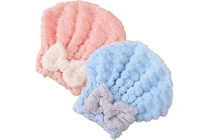 LSYJING 2 microfiber dry hair towels with bow shower caps, coral velvet super absorbent elastic wrapped quick-drying caps
