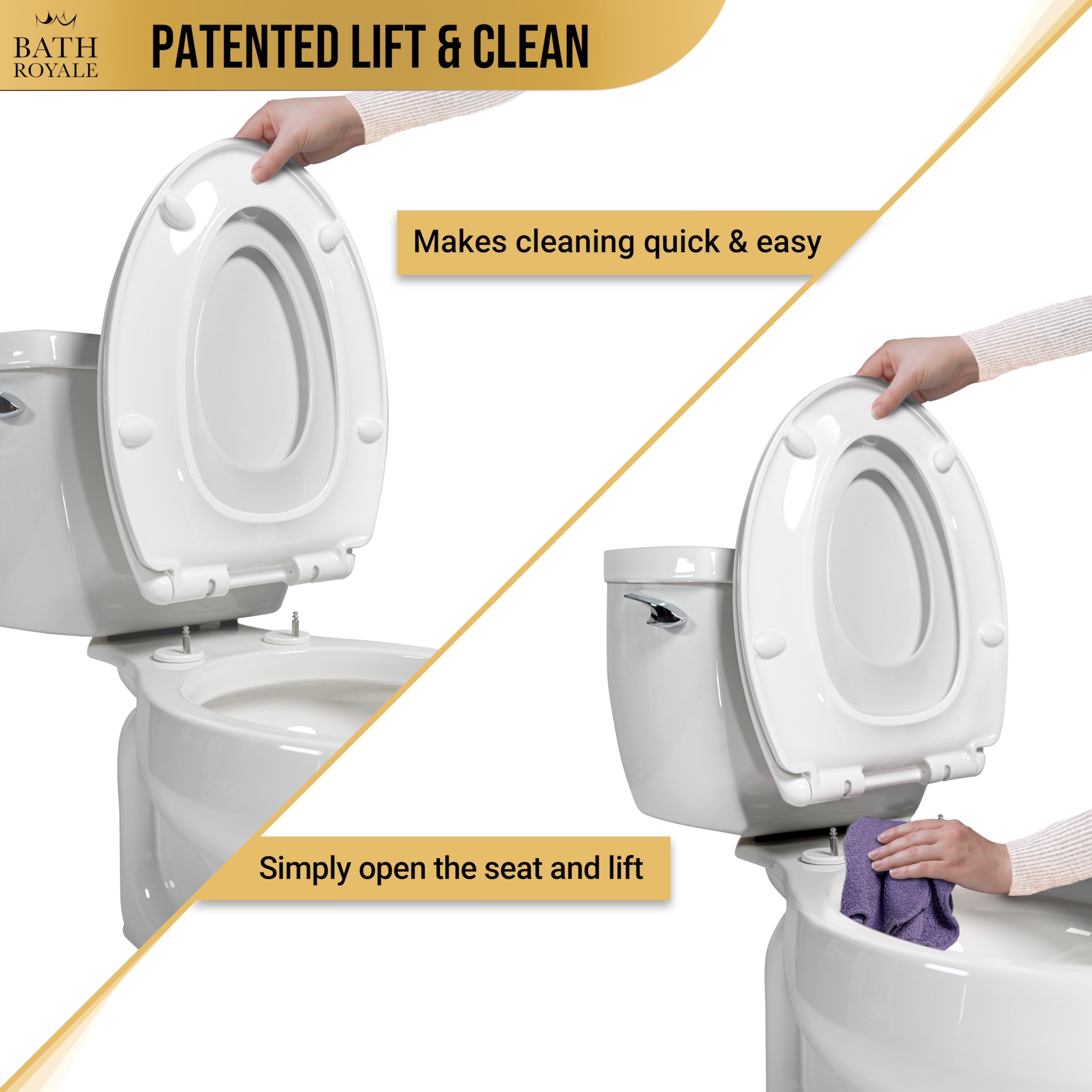Bath Royale Slow Close Toilet Seat BR501-00 White Elongated, Stain-Resistant and Easy to Keep Clean, Heavy Duty Fits All Toilet Brands, Executive Series