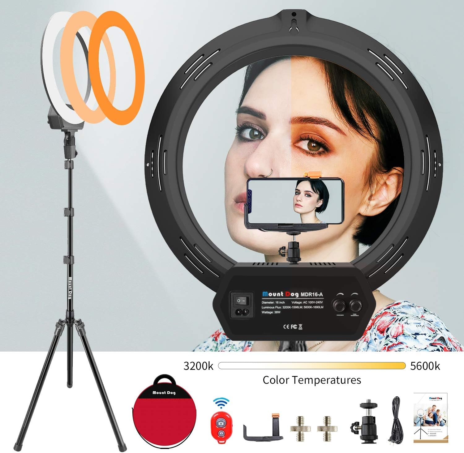 MOUNTDOG 16" Ring Light Kit Led Wireless Remote with Adjustable Light Stand Phone Holder Carrying Bag for Streaming, Makeup, Selfie Photography