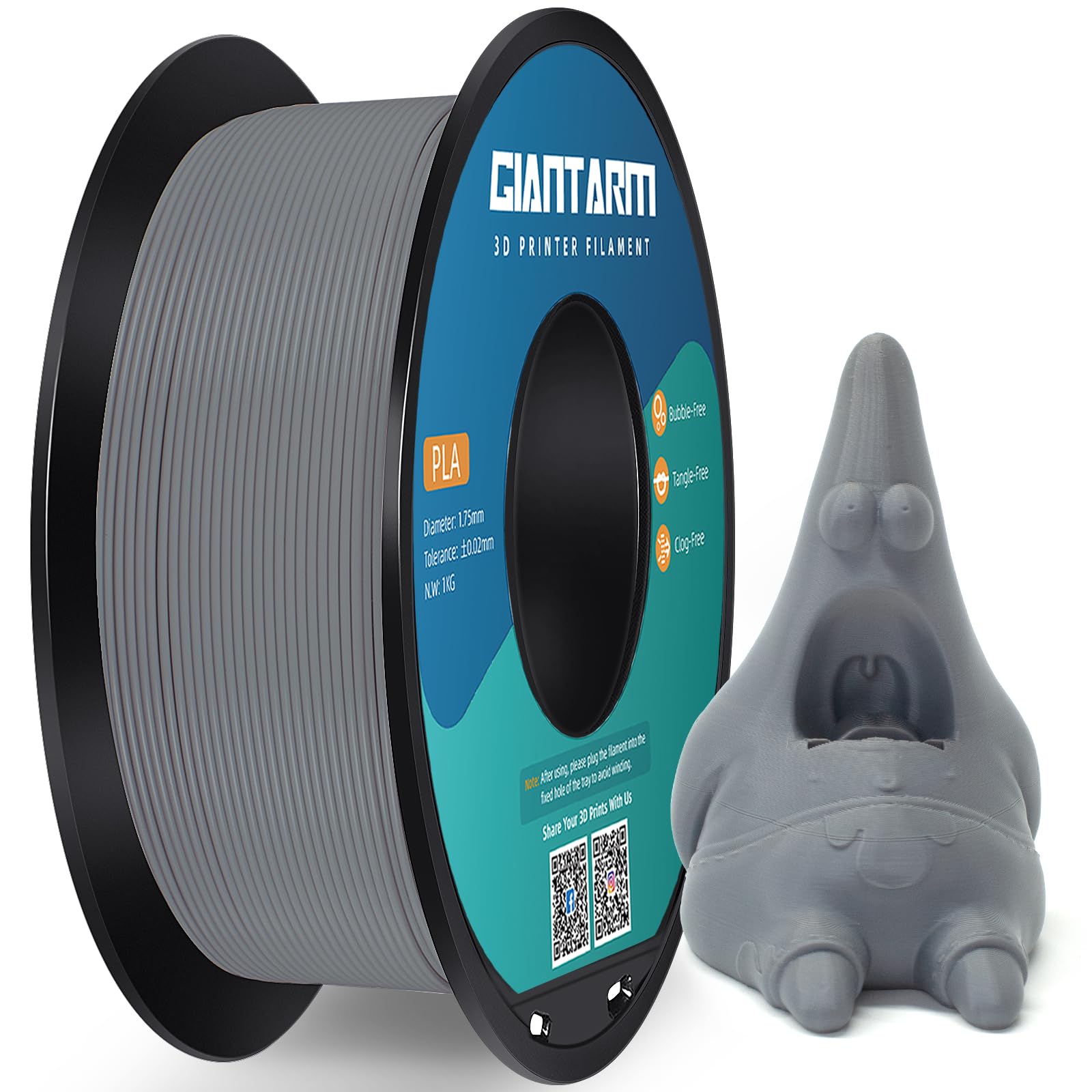 PLA Filament 1.75mm, GIANTARM Classic PLA 3D Printer Filament 1kg Spool (Gray)