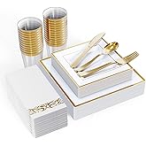 FOCUSLINE 175 Count Gold Dinnerware Set for 25 Guests - Square Plastic Plates with Gold Rim, Includes 25 Disposable Dinner & Dessert Plates, Napkins, Cups, Cutlery Set for Wedding Parties