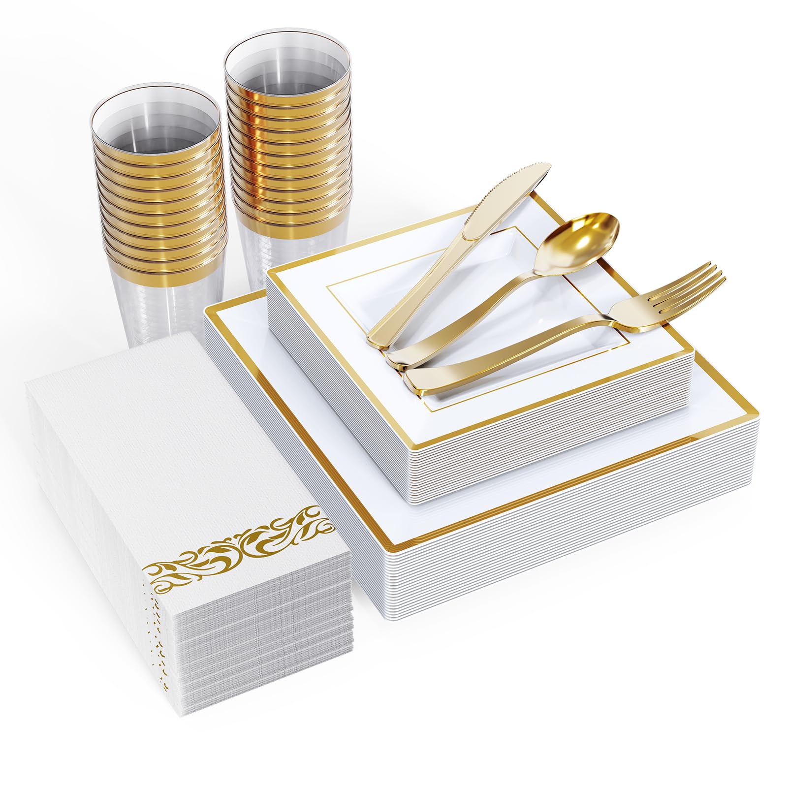 Photo 1 of FOCUSLINE 175 Count Gold Dinnerware Set for 25 Guests - Square Plastic Plates with Gold Rim, Includes 25 Disposable Dinner & Dessert Plates, Napkins, Cups, Cutlery Set for Wedding Parties