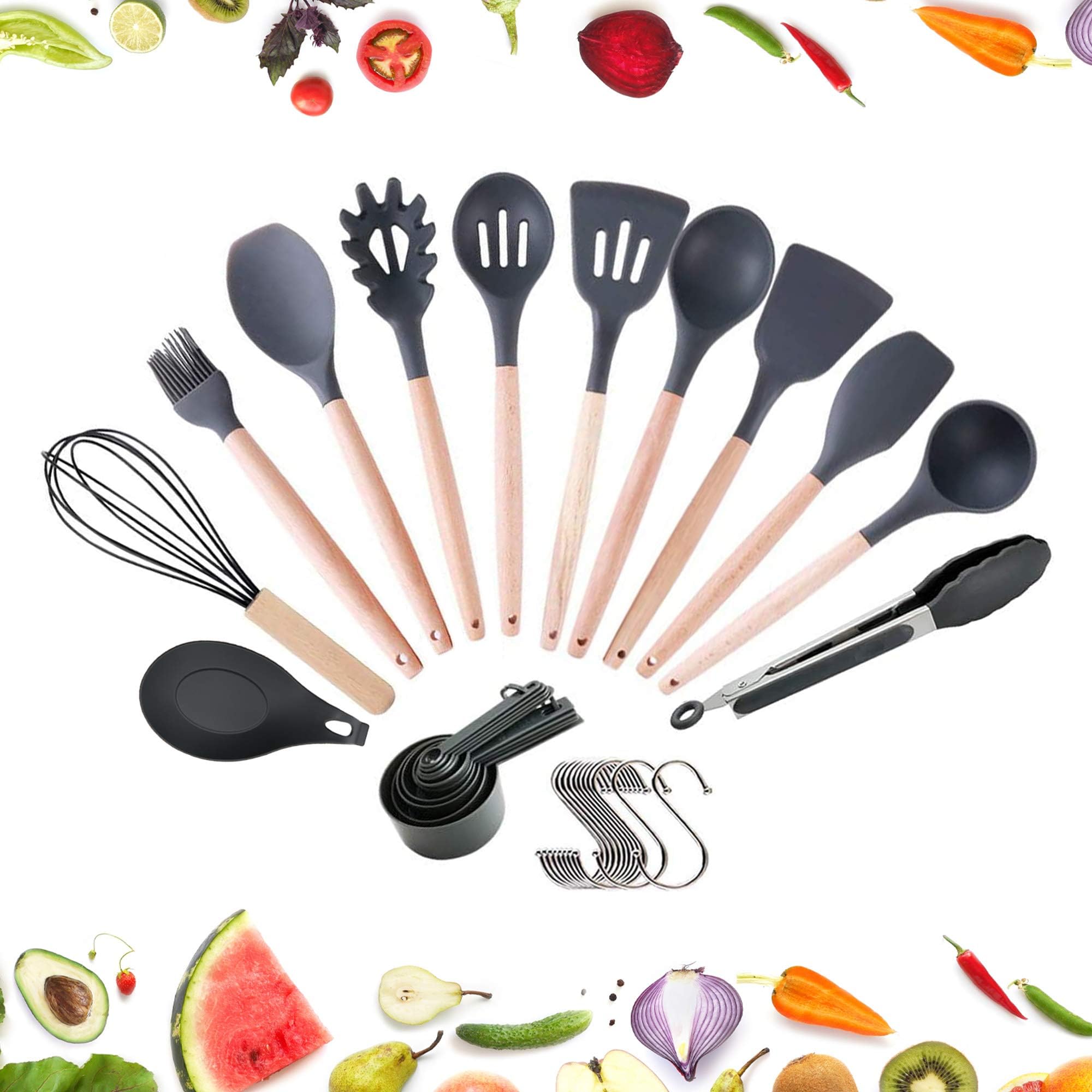 Crucible Cookware Utensils Set for Cooking with Silicone Head, Wood Handle and Wooden Container (23 Pieces + Bonus Hanging Hooks) - Kitchen Utensil Tools Set - Grey