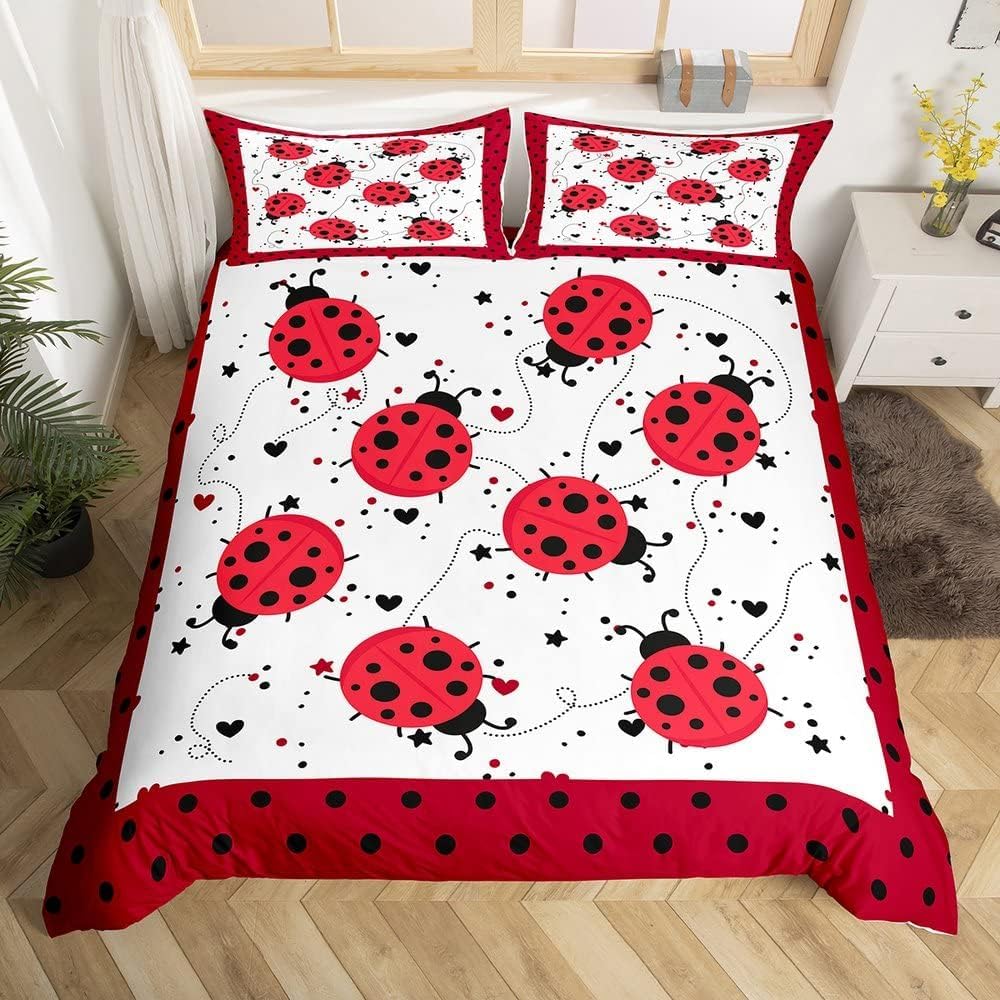 Homewish Red Ladybug Bedding Set Single Size, Kids Cartoon Ladybugs Duvet Cover, Cute Ladybird Reptile Comforter Cover for Girls Teens Bedroom Decor, Beetles Bugs Pattern Quilt Cover, Red White Black — image 1