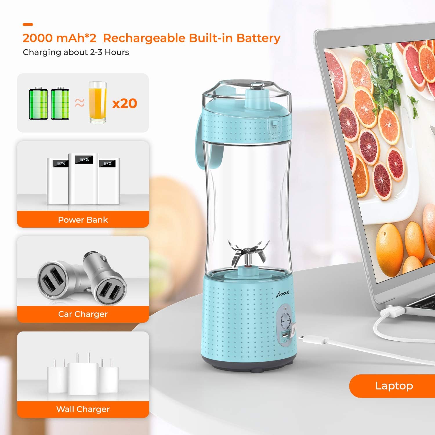 Portable Blender, Personal Size Blender Smoothies and Shakes, Mini Blender 4000mAh USB Rechargeable with Six Blades, Handheld Blender Sports, Travel, Gym (Blue): Kitchen & Dining