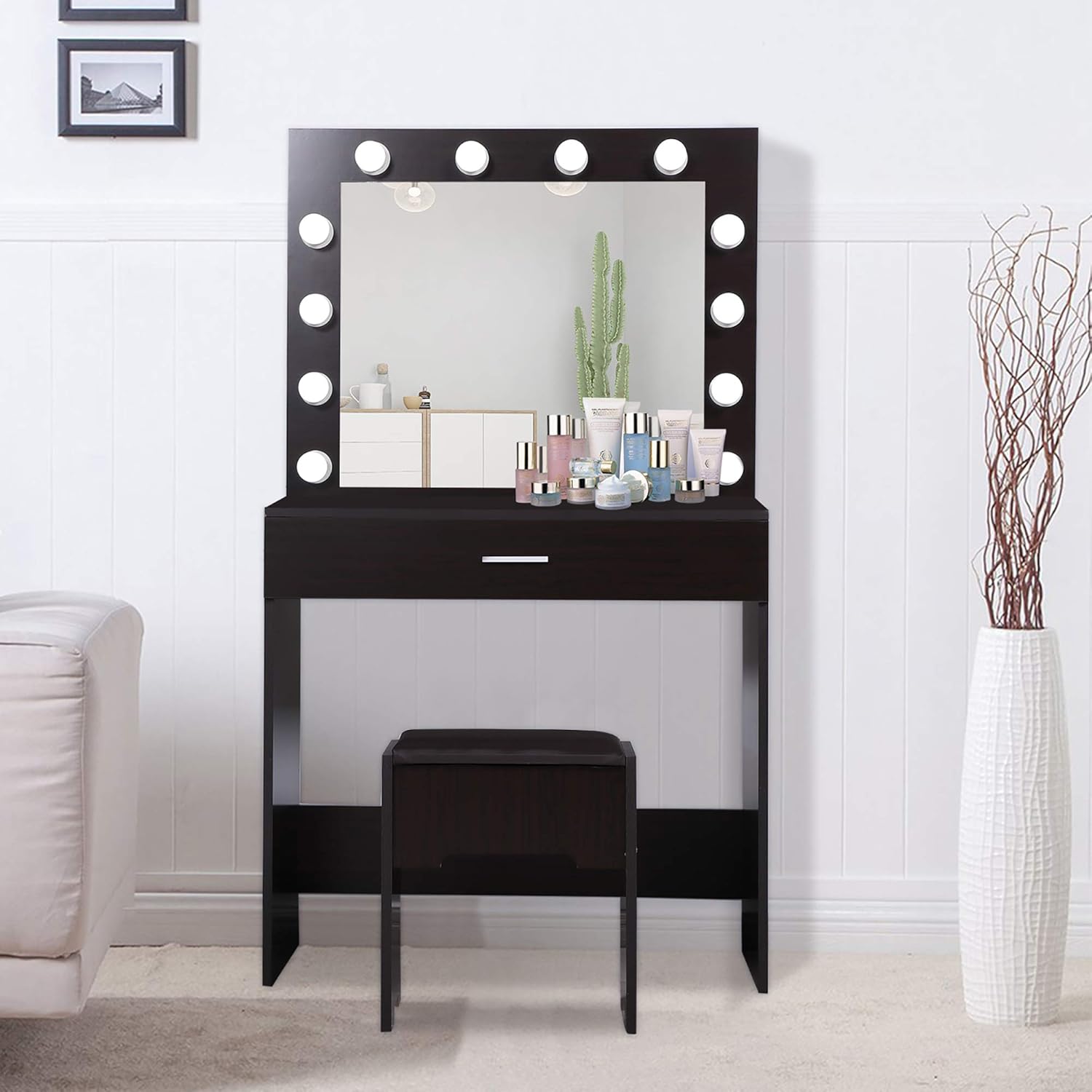 Furniture Dark Brown Vanity Dressing Table Set With Large Rectangular Makeup Mirror 12 Led Vanity Mirror Lights And Comfortable Stool Home Kitchen Furniture Dark Brown Vanity Dressing Table Set With Large Rectangular Makeup Mirror 12 Led Vanity Mirror Lights And Comfortable Stool Home Kitchen