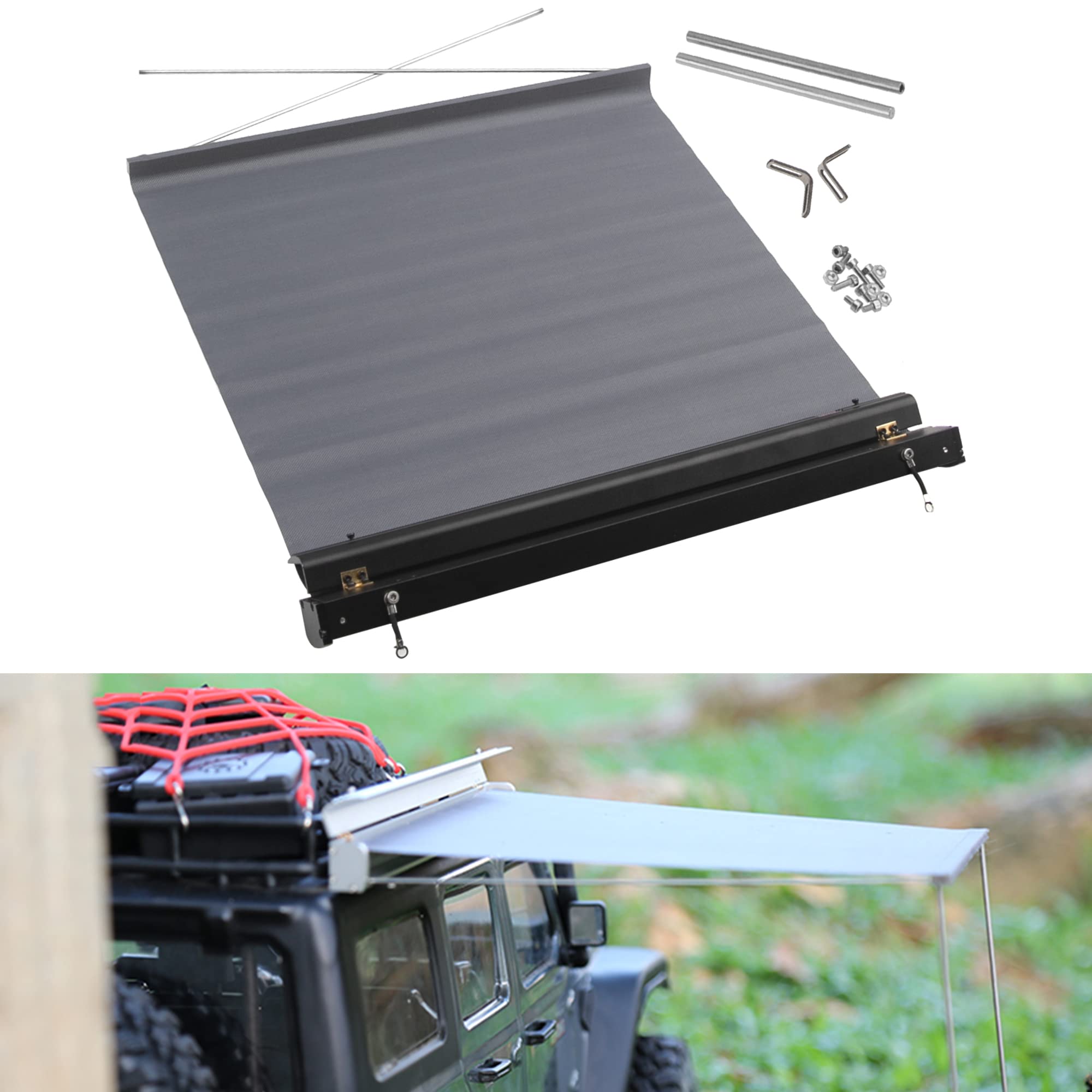 Photo 1 of Vgoohobby 8.6" x8.6" RC Car Simulation Side Car Roof Top Tent Rain Canopy Sunshade Decoration Accessory Compatible with Traxxas TRX4 Axial SCX10 Tamiya Arrma D90 1/10 RC Crawler (Black)