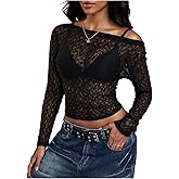 Milumia Women's Lace Sheer Mesh One Off The Shoulder Long Sleeve Crop Top Rave Y2k Sexy Shirt See Through Top
