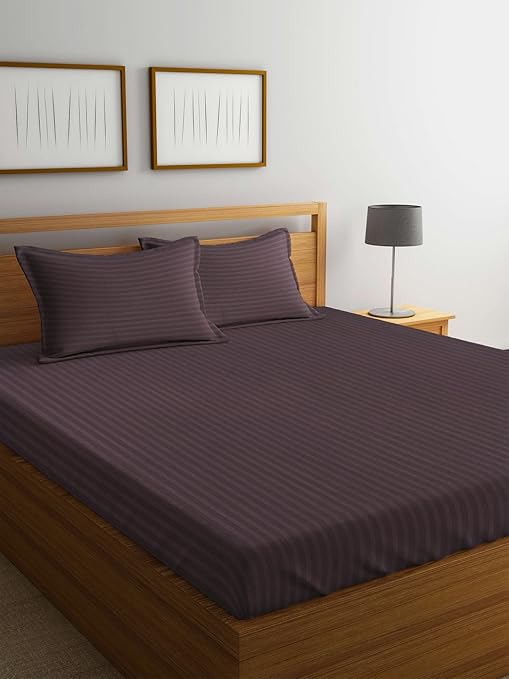 Trident Classic 210 Tc Cotton Bedsheet With 2 Pillow Covers Striped King Size Plum Wine