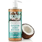 SpaScriptions Exfoliating Coconut Body Wash - 32 oz Scented Moisturizing Body Wash Scrub For Men and Women with African Black Soap for Smooth Skin and Brown Sugar for Gentle Exfoliation, Paraben Free