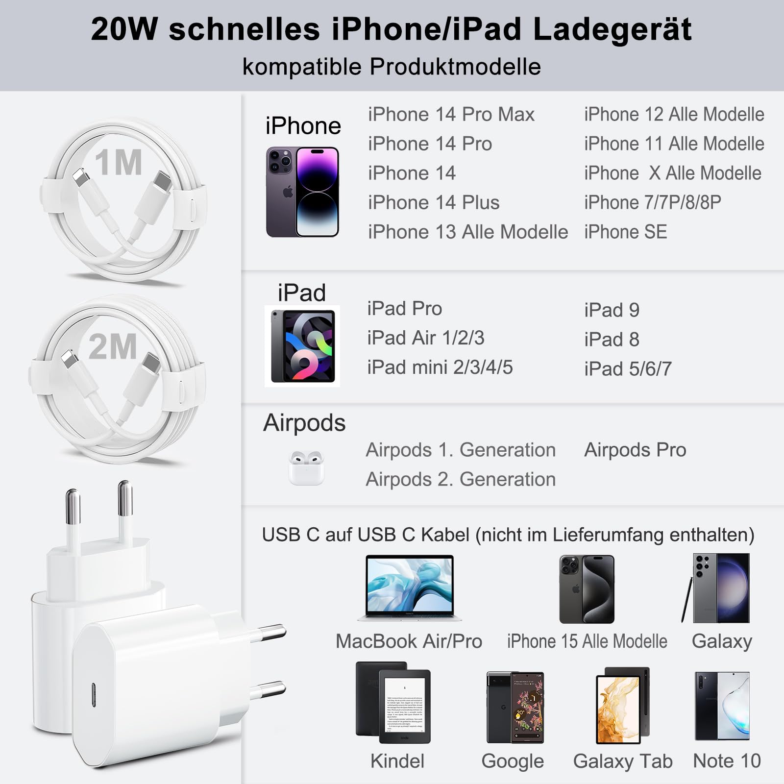 2 Pack 20W Schnellladegerät und Schnellladekabel für iPhone , Ladegerät mit iPhone Ladekabel 2M und 1M, Schnellladegerät für i Phone 14/13/12/11/Pro Max/Mini/SE/Xr/X/Xs Max, Pad 6