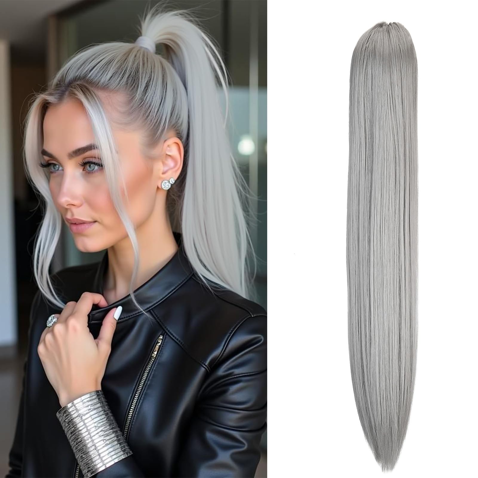 Cybelleza 20inch Ponytail Hair Extensions Straight Ponytail Claw Jaw on Long Straight Pony Tails Clip in Hair Extensions Synthetic Hair pieces for Women, Dark Gray
