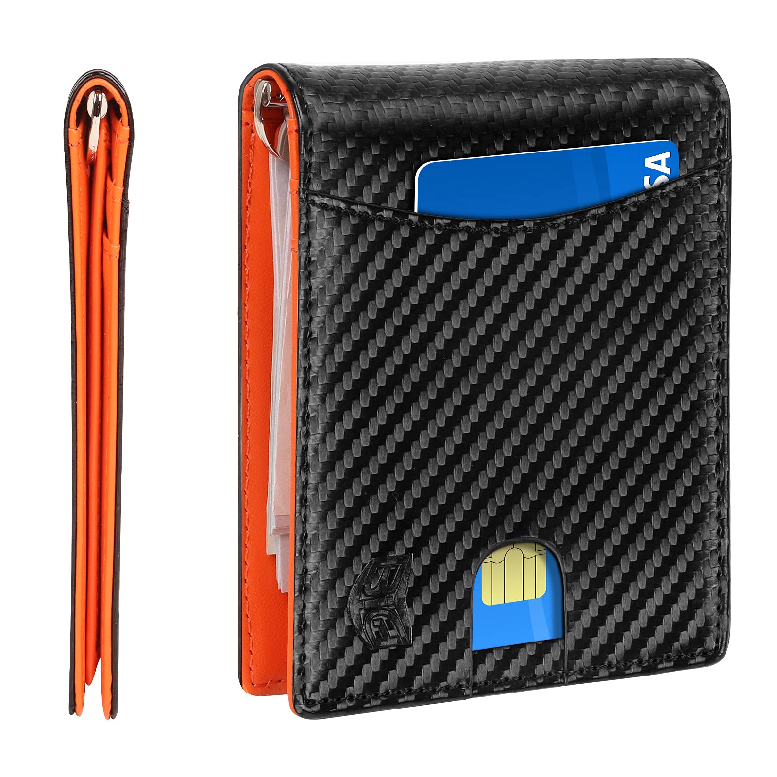 BVIGE Mens Wallet, Mens Wallets Leather with Coin Pocket, RFID Bifold Slim Wallet Mens with ID Window Money Clip, Superfine Fiber Leather Wallets for Men with Gift Box (Black & Orange)