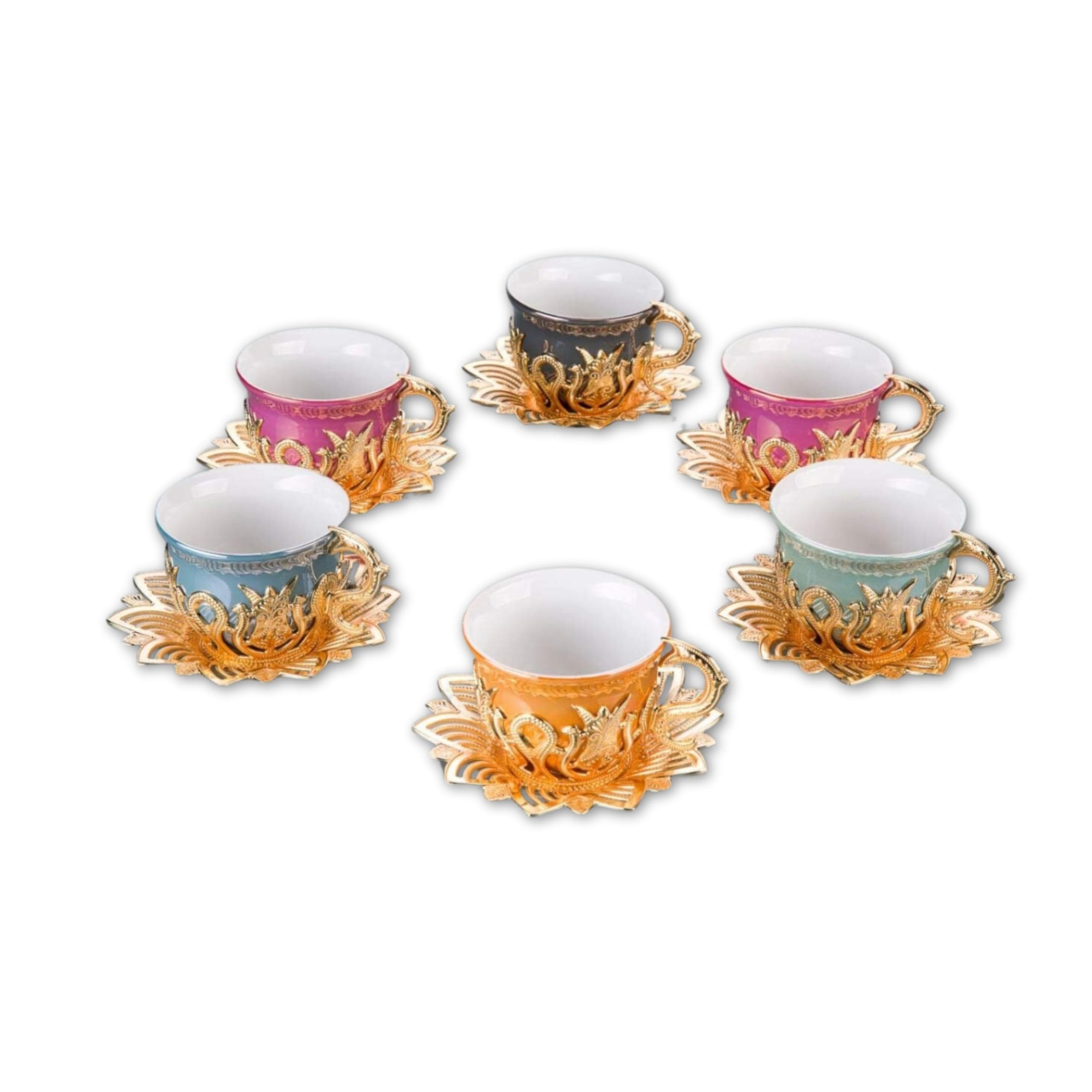 LaModaHome Golden White Coffee Set of 6 - Includes 6 Cups, 6 Saucers Holders - VIP Special Serving Turkish Tulip - Arabic, Moroccan Tea Sets - Espresso Mugs