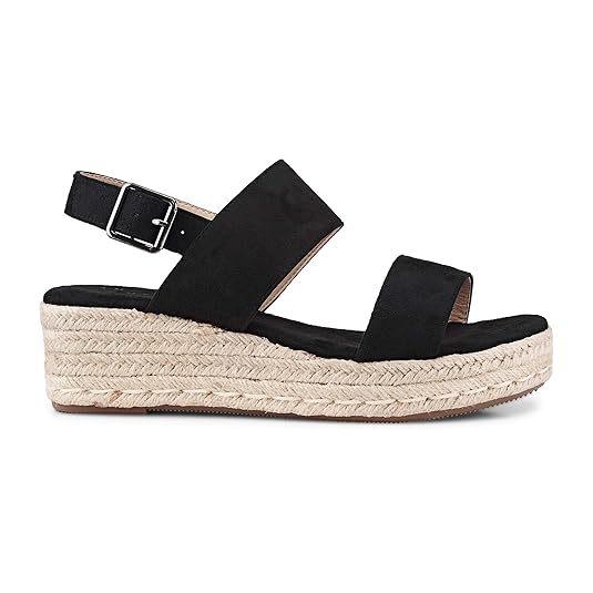 Another A Damen Damen Plateau-Sandalette in Schwarz, Sommer-Sandalen mit Keilabsatz aus geflochtenem Bast und Breiten Riemen