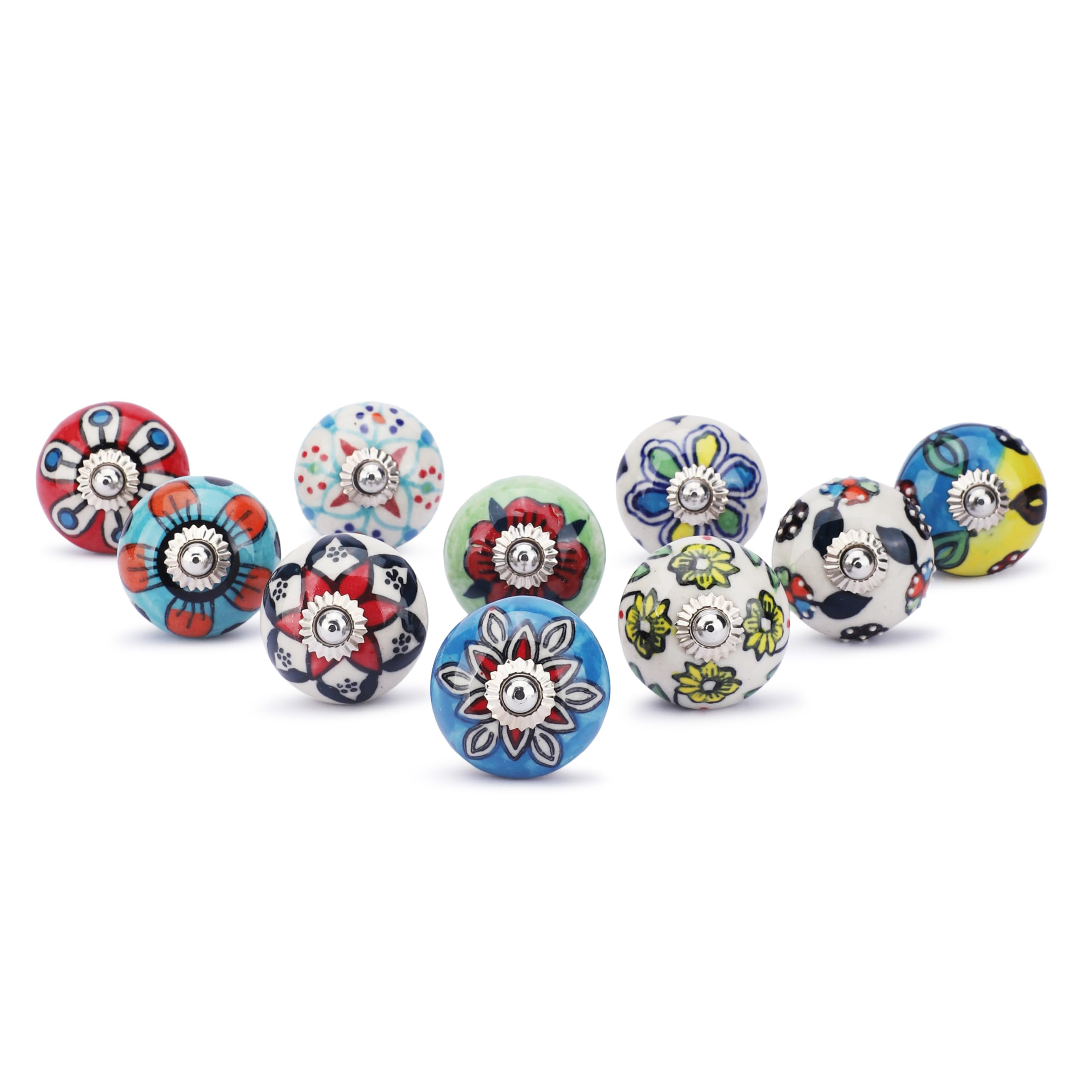Ajuny Set of 10 Ceramic Knobs Multicolor Hand Painted Flower Design Handmade Pulls for Kitchen Cabinets Bathroom Cupboards Dresser Drawers Wardrobes Decorative Pottery Door Handles for Furniture
