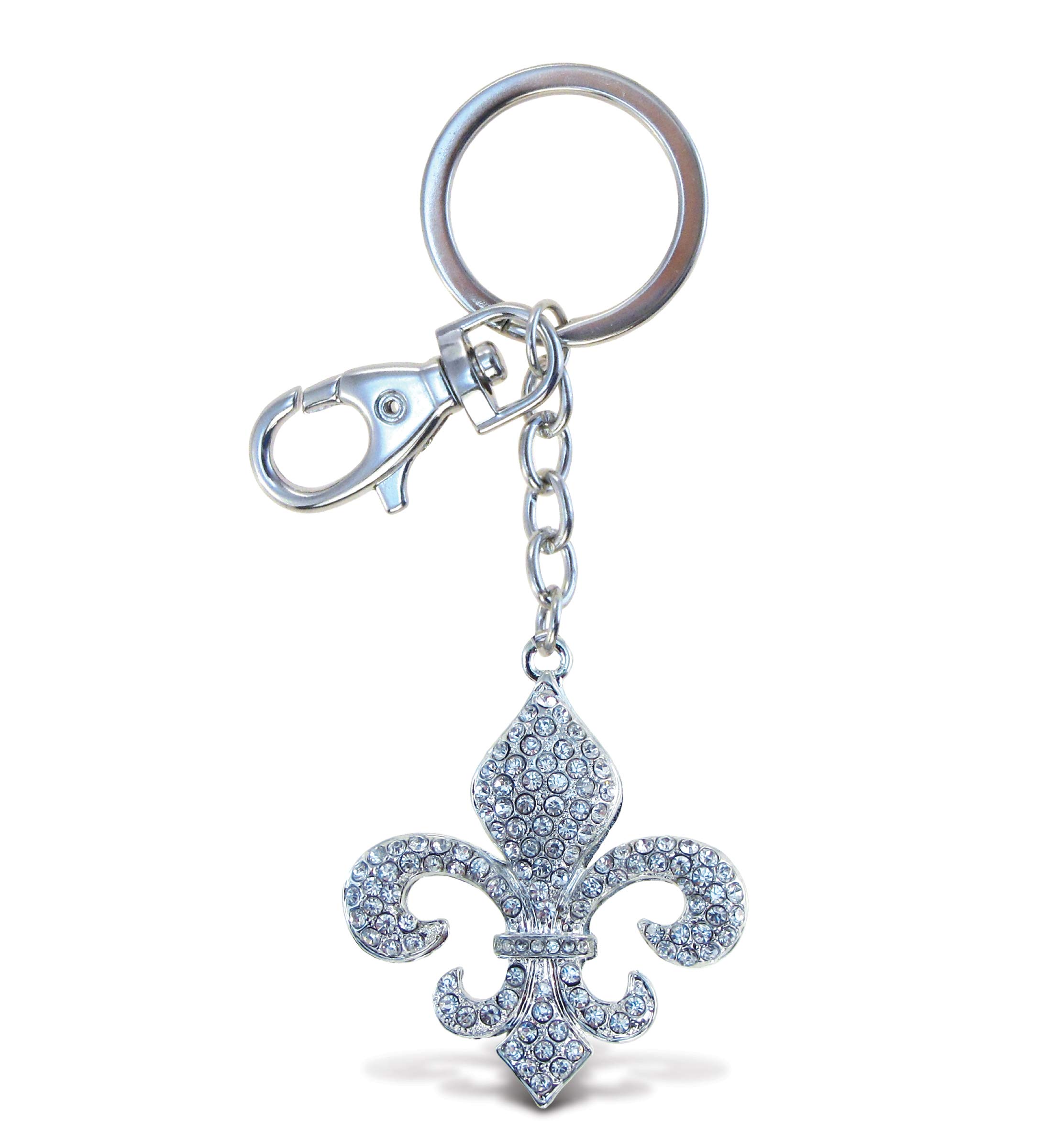 Photo 1 of Aqua79 Fleur De Lis Keychain - Silver 3D Sparkling Charm Rhinestones Fashionable Stylish Metal Alloy Durable Key Ring Bling Crystal Jewelry Accessory with Clasp