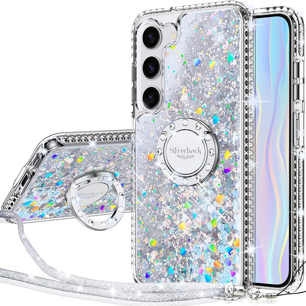 Silverback for Samsung Galaxy S23 Case, Moving Liquid Holographic Sparkle Glitter Case with Kickstand, Girls Women Bling Diamond Ring Slim Protective Case for Galaxy S23 - Clear Silver