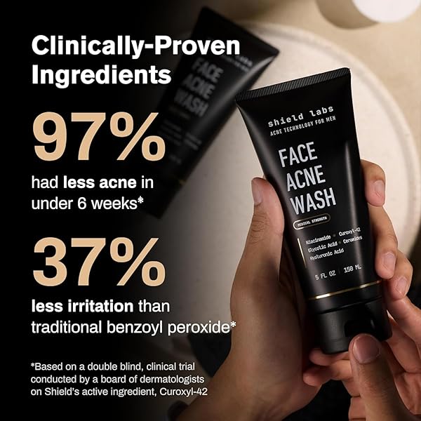 SHIELD FACE ACNE WASH FOR MEN AND BOYS, CUROXYL-42 FACE WASH TO CLEAR, TREAT, AND PREVENT ACNE, GENTLE FORMULA WITH NIACINAMIDE, HYALURONIC ACID, AND CERAMIDES, UNSCENTED, 5.1 OZ, PACK OF 1