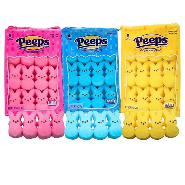 PEEPS EASTER MARSHMALLOW BUNNIES, PINK BLUE YELLOW, 4.5 OZ, 12 COUNT, 3 PACK