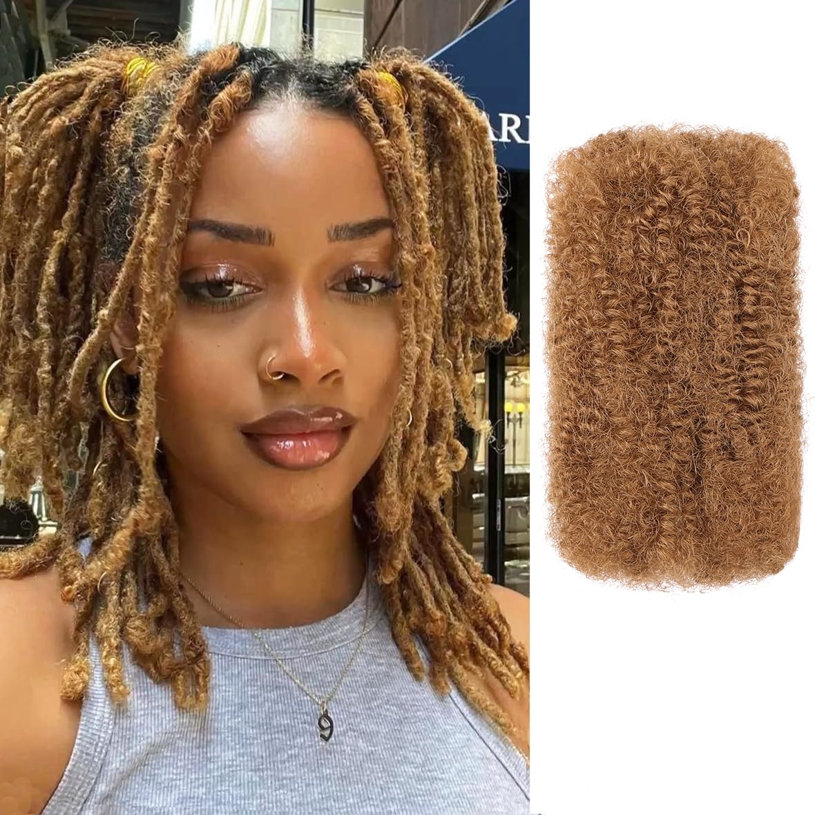 Kackanaa 16 Inch Dark Ginger Afro Kinky Curly Human Hair Bulk for Dreadlock Extensions 3 Packs Marley Twist Hair Bulk for Mini Twist Repair Locs Springy Afro Twist Human Hair Bulk, 30g /Pack