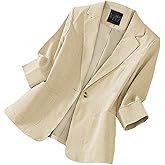 Mina Self 2026 Spring Women's 3/4 Sleeve Linen Blazer - Lightweight Fully-Lined Lapel Button Casual Work Jacket with Pockets