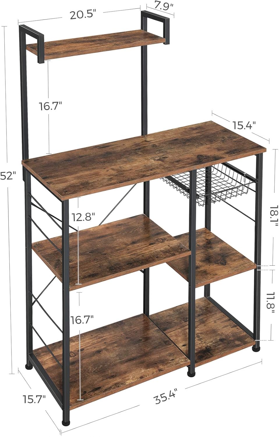 VASAGLE Baker’s Rack with Shelves, Kitchen Shelf with Wire Basket, 6 S-Hooks, Microwave Oven Stand, Utility Storage for Spices, Pots, and Pans, Rustic Brown and Black UKKS35X - Standing Baker's Racks