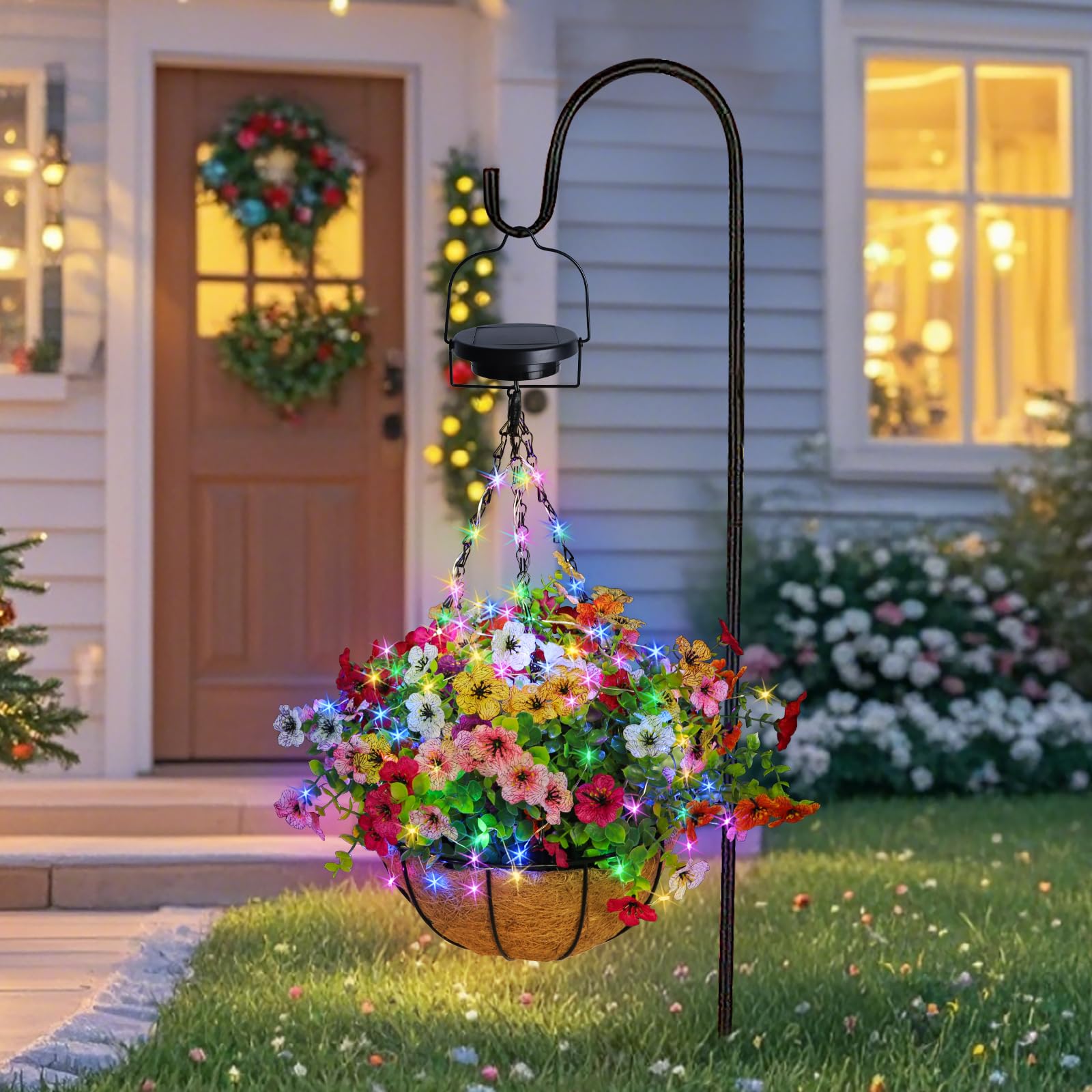 Photo 1 of **is different, please see the second photo**Solar Artificial Hanging Baskets: Lighted Fake Flowers Basket with RGB Solar Lights for Outdoors - 10 Inch Outside Faux Plant Baskets with Silk Colorful Realistic Petunias for Porch Garden Decor