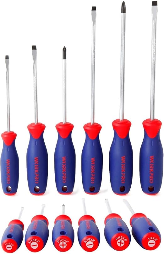 6PC Screwdriver Set Long Short Tip Slotted Phillips Grip