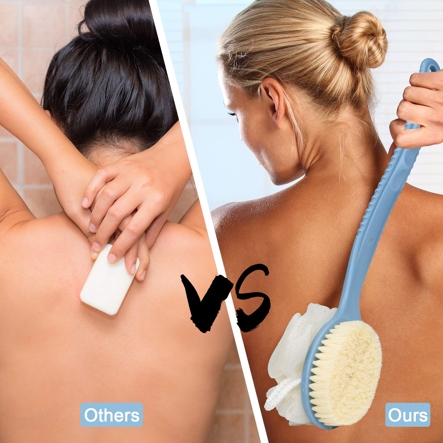EAONE 2 PACK Shower Body Brush with Bristles and Loofah, Back Scrubber Long Handle Exfoliating Brush for Wet or Dry (Blue&White) : Beauty