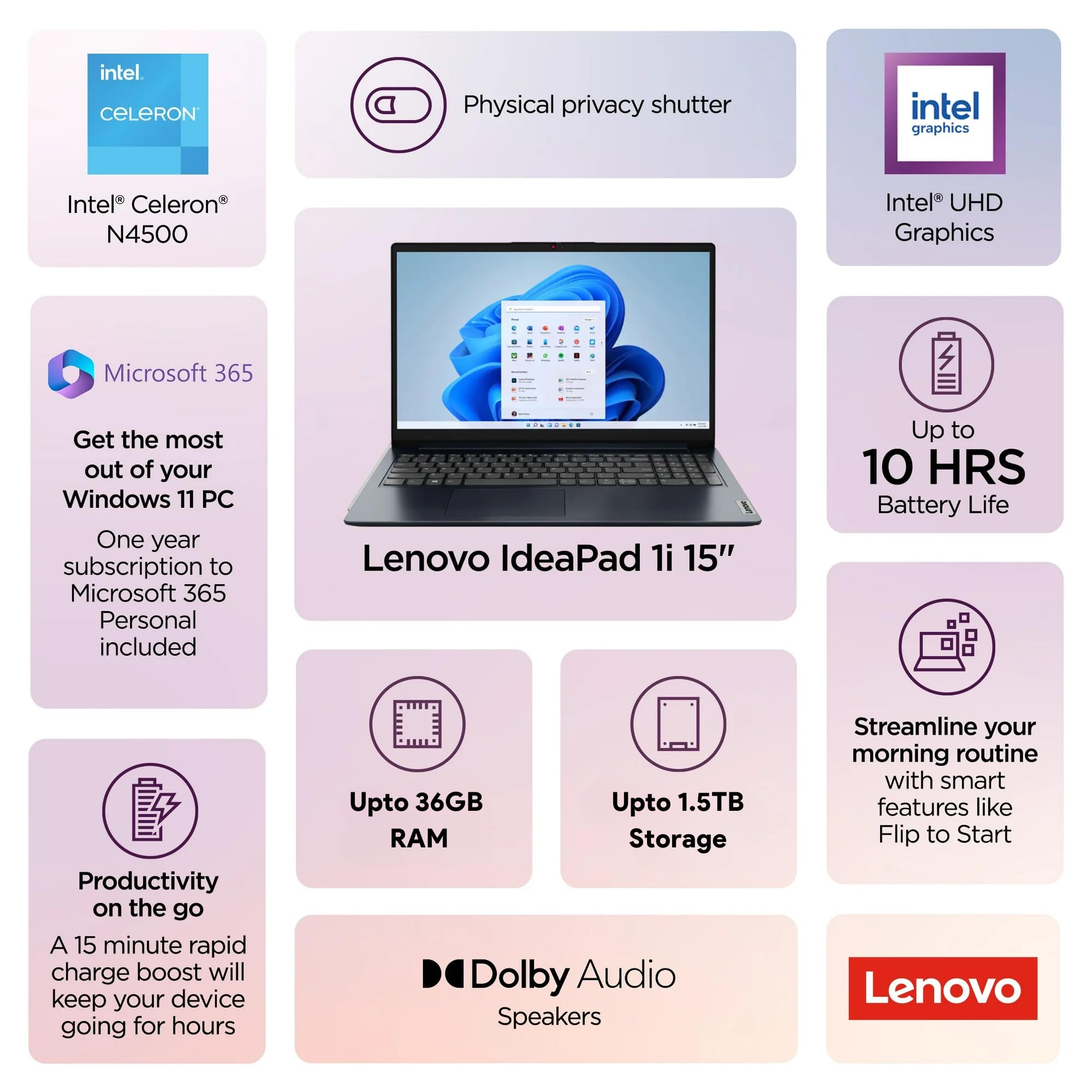 Lenovo IdeaPad 1i Laptop with Microsoft 365 Home and Business • 12GB RAM • 1TB Cloud Storage and 256GB SSD • Intel Core • 15 Anti-Glare Screen • WiFi-6 • 11HR Battery • Windows 11 • w/o Earbuds