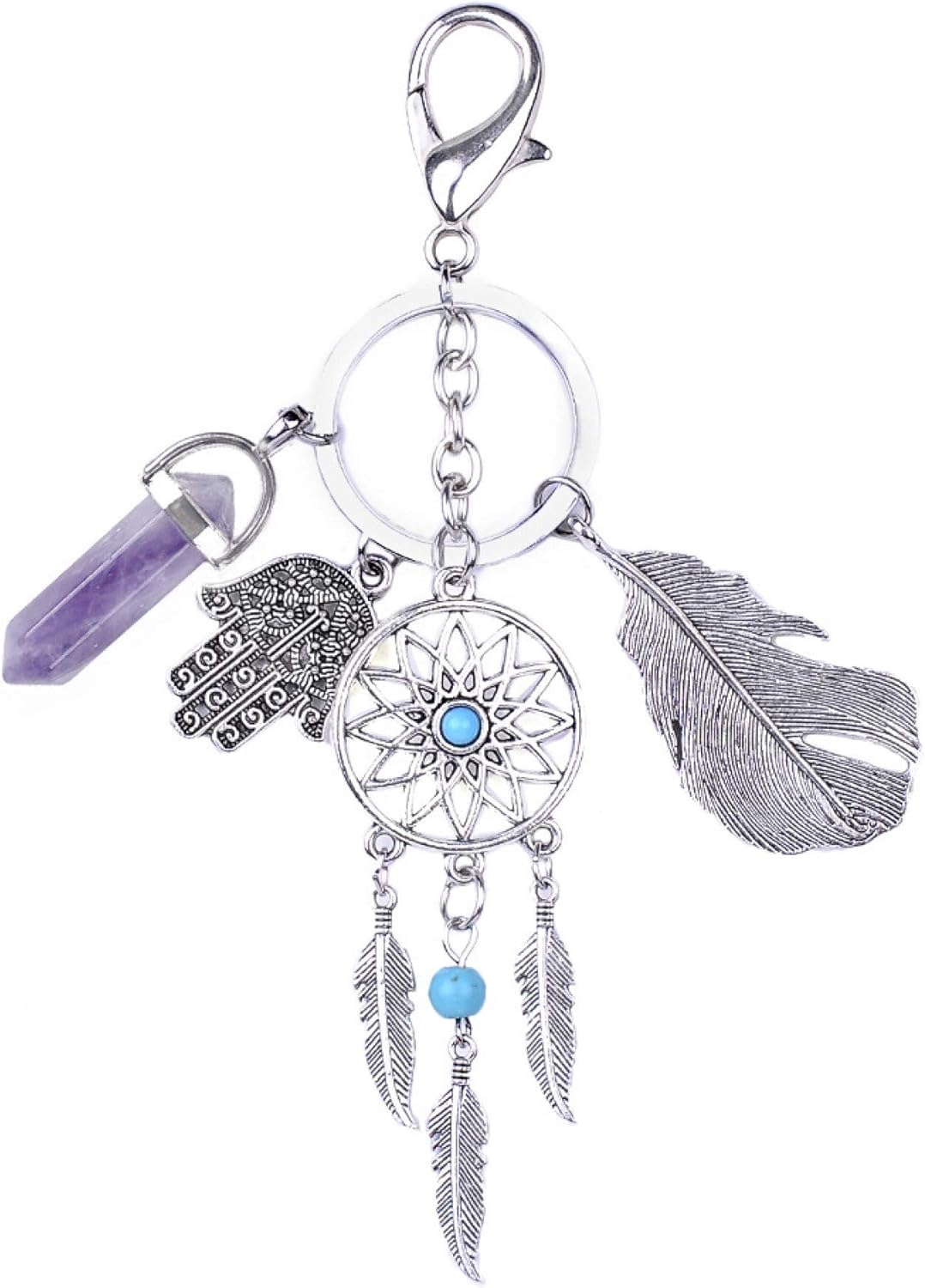 FORUMALL With Natural Stone & Fatima's Hand & Leaves Car & Bag Pendant Decor Mini Dream Catcher Keychain (Purple)
